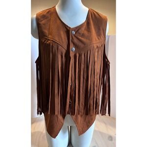 Western Brown Faux Suede Fringe Vest XL Snap Front Cowgirl Costume Festival Wear